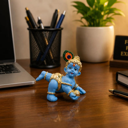 Gold Art India 24K Gold Plated Blue Terracotta Laddu Gopal Idol (2.5 Inch) with Premium Velvet Gift Box | Makhan Chor Bal Krishna Murti for Home Temple, Car Dashboard, Office Desk & Spiritual Gift