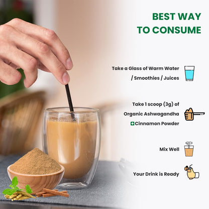 Instructions on how to consume organic ashwagandha cinnamon powder with a glass of warm water.