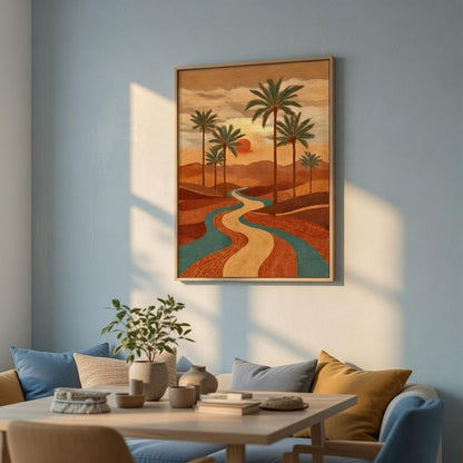 Desert Sunset Palm Tree Wall Art with Wooden Frame | Aesthetic Landscape Painting with River & Sunset | HD UV Laminated Print on MDF for Living Room Bedroom Office Decor 13.5 x 19.5 Inch
