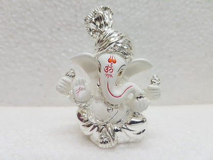 Gold Art India Ceramic Pagdi Ganesh Idol For Car Dashboard Small Ganesha Murti Ganpati Idol For Home Decor Puja Lord Ganesh Statue Gift For Office Desk Puja Room Figurine, 6X4X3Cm, Silver, Idol