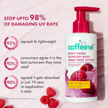 mCaffeine SPF 50 PA+++ Body & Brightening Sunscreen Lotion 200ml | Instant Cooling & De-Tan with Vitamin C & Niacinamide | Deep Hydrating Moisturizer for Summer & Dry Skin | Lightweight, Non-Sticky Bodylotion for Men & Women
