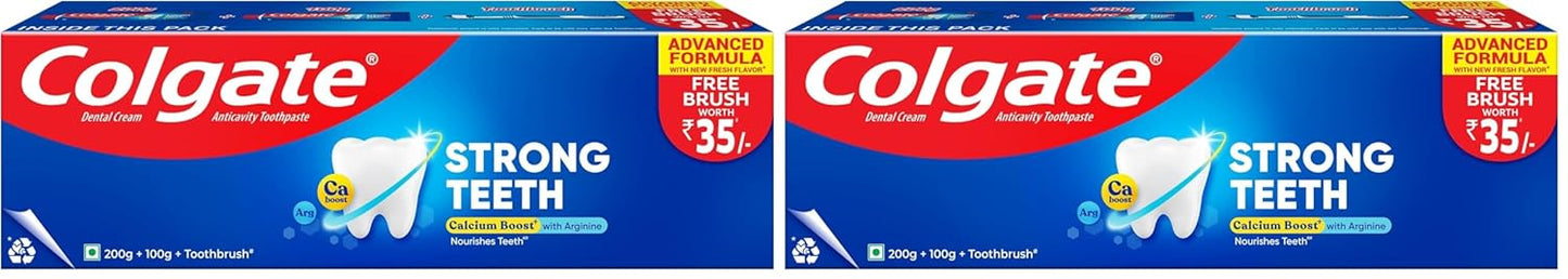 Colgate Strong Teeth Toothpaste, 300g, India's No: 1 Toothpaste Brand, Calcium-boost Tooth Paste for 2X Stronger Teeth, Whitens Teeth, Fresh Breath & Prevents cavities (Combo Pack Offer) (Pack of 2)