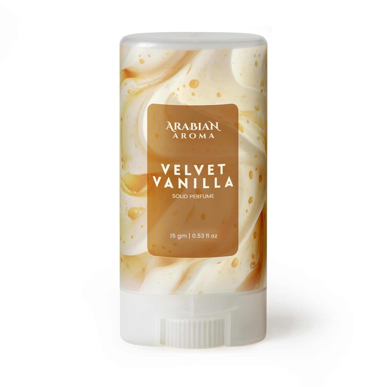 Arabian Aroma Velvet Vanilla solid perfume stick on a white background