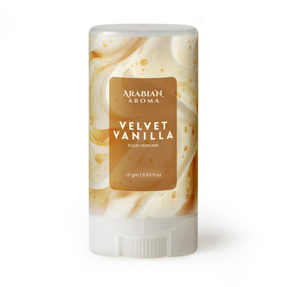 Arabian Aroma Velvet Vanilla solid perfume stick on a white background