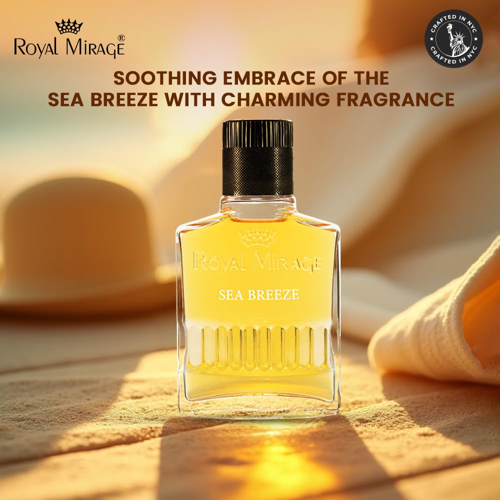 Royal Mirage Sea Breeze perfume bottle on sand with beach elements