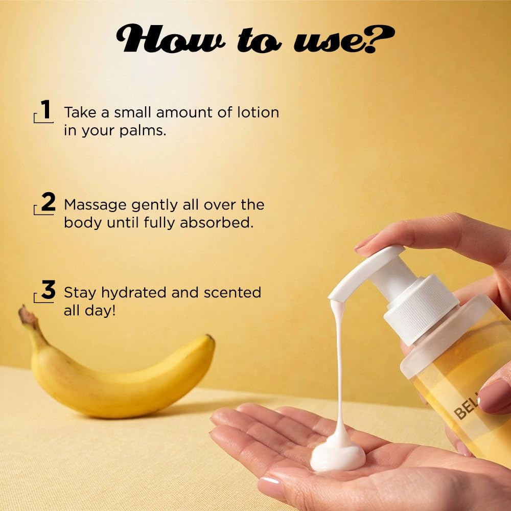 Lotion pump being used with text on how to use it, banana on a yellow background