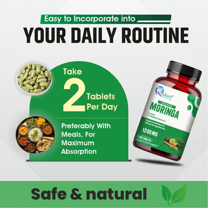 Moringa supplement bottle with packaging and text on a white background