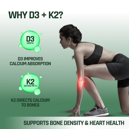 Woman experiencing pain in her knee with text explaining the benefits of D3 and K2 for bone health on a green background.