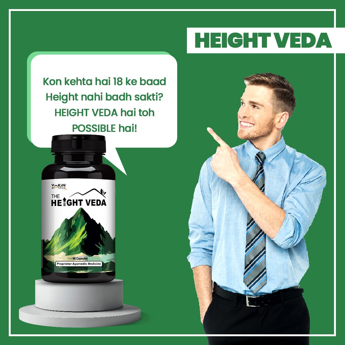 HEIGHT VEDA supplement bottle with a man pointing to it on a green background
