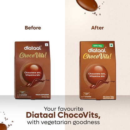 Diataal ChocoVits Veg, Chewable Multivitamin | 30 Chocolaty Tabs with 11 Essential Vitamins | Power of B-complex vitamins, B12, D3, Nicotinamide, Vitamin A, C & E for Energy | Immunity | Healthy Skin.