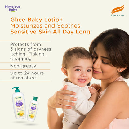 Advertisement for Himalaya Baby Ghee Baby Lotion featuring a woman holding a baby.