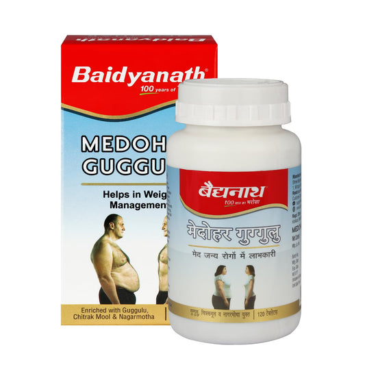 Baidyanath Medoh Guggu supplement bottle and packaging on a white background