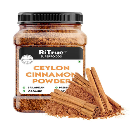 Jar of RiTrue Ceylon Cinnamon Powder with cinnamon sticks on a white background