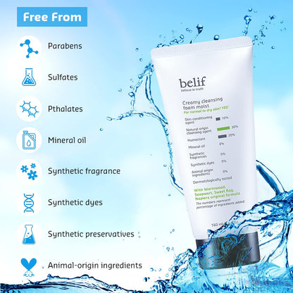 belif cream with water splash and ingredient free text on a blue background