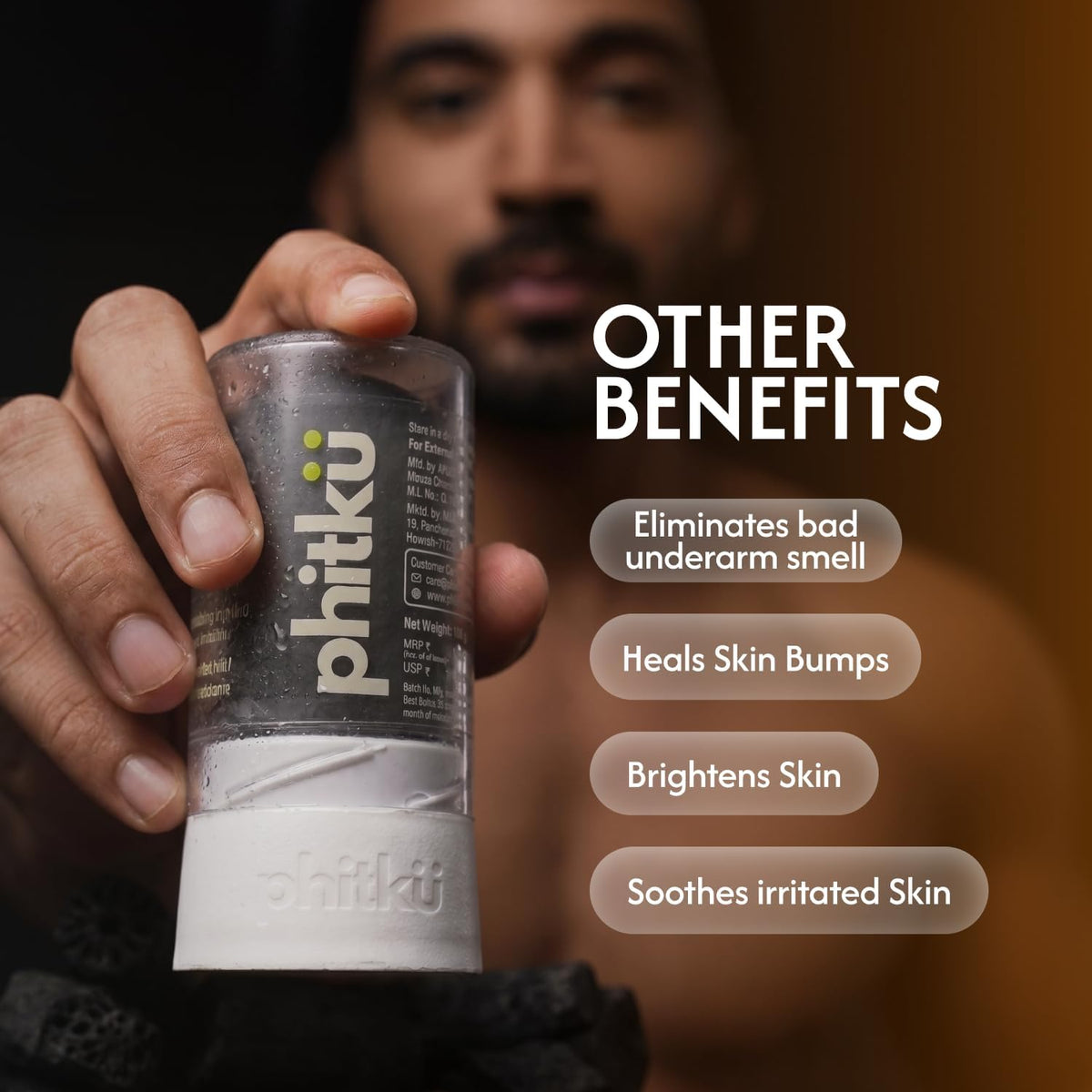 Phitku Crystal Roll On with Charcoal Extract | Natural Alum | Brightens Dark Underarms, Controls Body Odour | Fragrance-Free & Alcohol Free | Men & Women | 100g