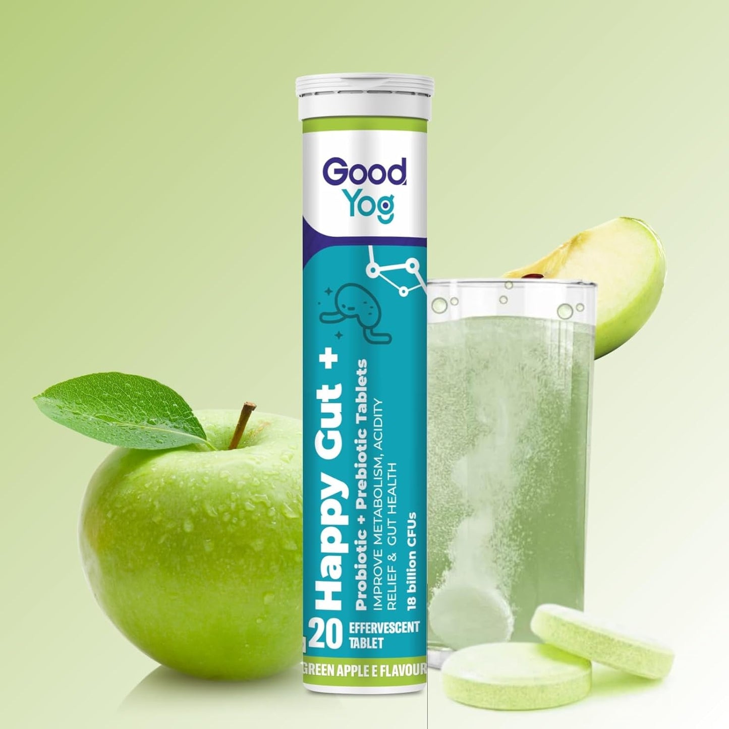 GoodYog Probiotics + Prebiotics Effervescent Tablets with No Added Sugar | For Acidity Relief, Gut Helath & Improved Metabolism | 18 Billion CFU Soy Free, Gluten Free Supplement for Men & Women - 20 Tablets