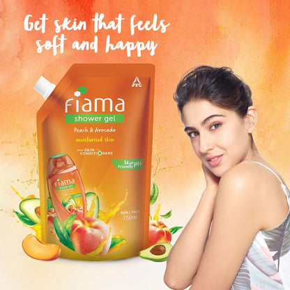 Fiama Shower Gel Peach & Avocado Body Wash with Vitamin E, 750 ml Refill Pack, Value Pouch for Soft Moisturised & Hydrating Skin,