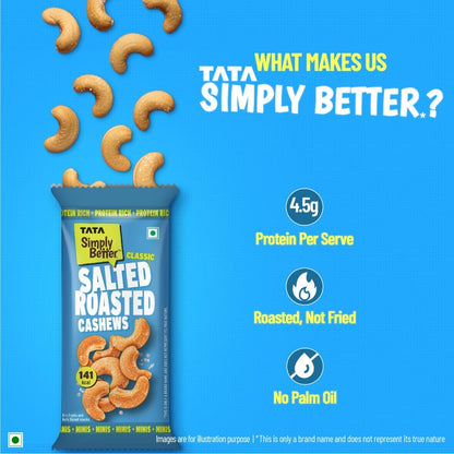 Tata Simply Better Classic Salted Roasted Cashews, 23g (Pack of 5), Rich in Protein, Party Snack, Delicious Kaju Nuts, Ready To Eat Snack, No Palm Oil, No Trans Fat