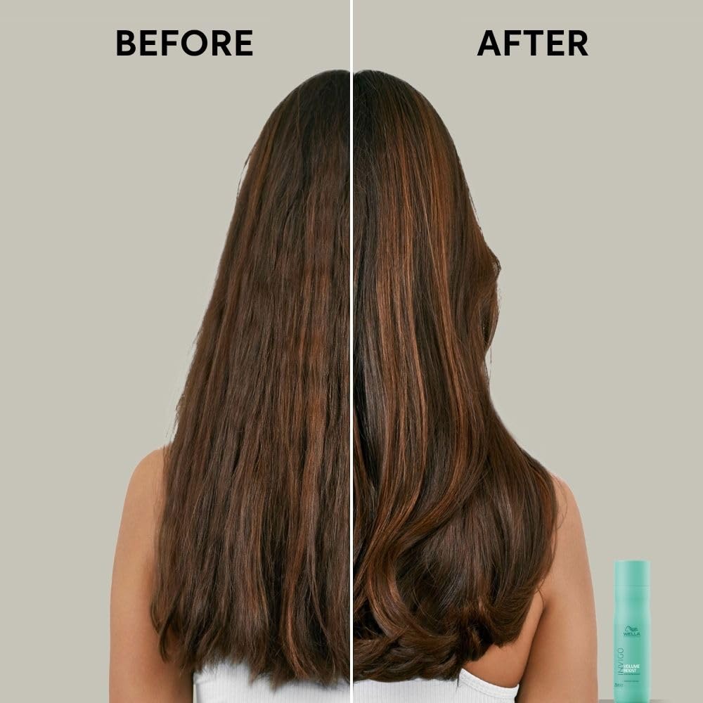 Before and after comparison of hair treatment showing a person with straight, brown hair on a plain background.