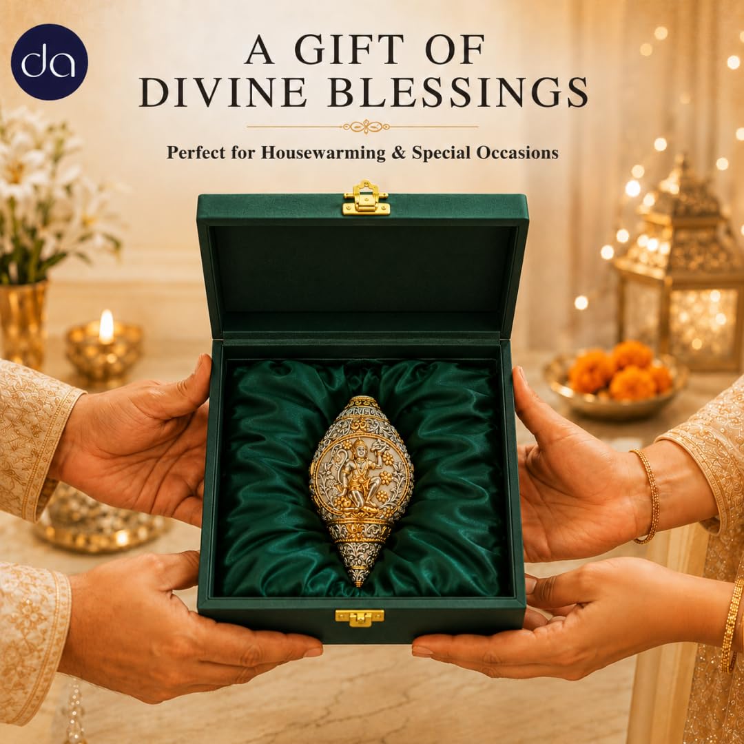 Dev Aastha 999 Silver & 24K Gold Plated Hanuman Shankh - 4.6 Inch Showpeice | Bajrangbali Dual-Tone Conch Shell for Puja Room, A Decorative Hanuman Gift