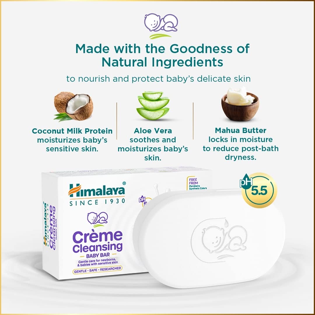 Himalaya Creme Cleansing Baby Bar 125G| pH 5.5|with Coconut milk Protein and Aloe vera|Soap Free | For New borns | For Baby's sensitive skin| No Parabens|No Synthetic Colors