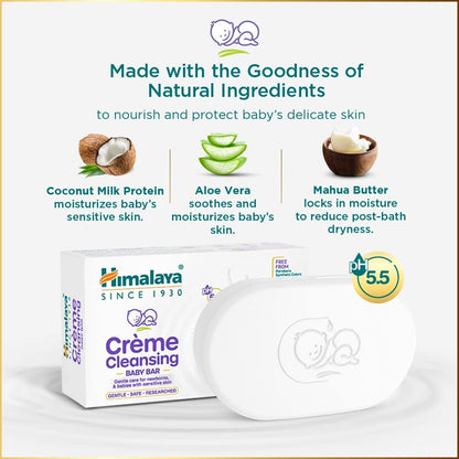 Himalaya Creme Cleansing Baby Bar 125G| pH 5.5|with Coconut milk Protein and Aloe vera|Soap Free | For New borns | For Baby's sensitive skin| No Parabens|No Synthetic Colors