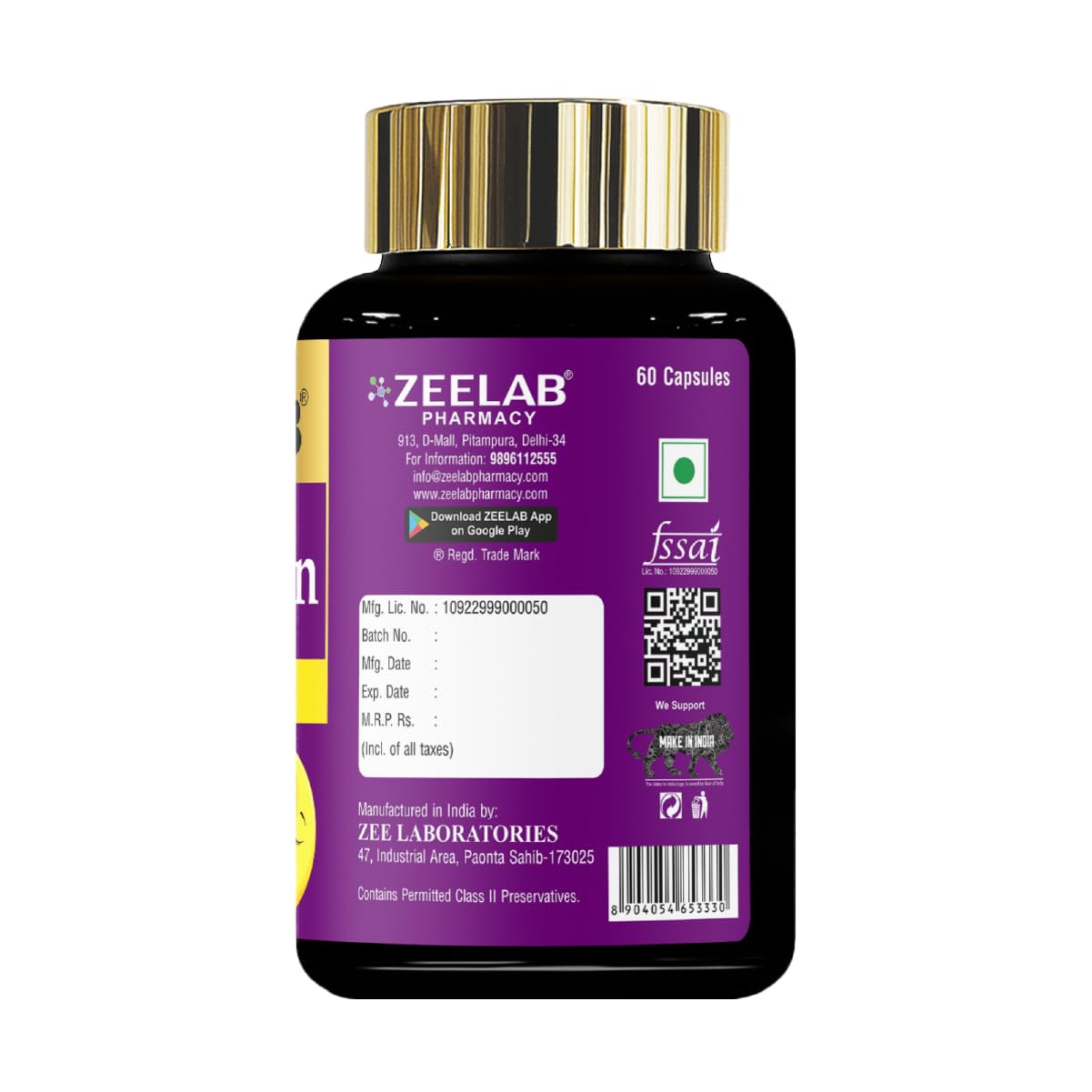Purple supplement bottle with gold cap on a white background