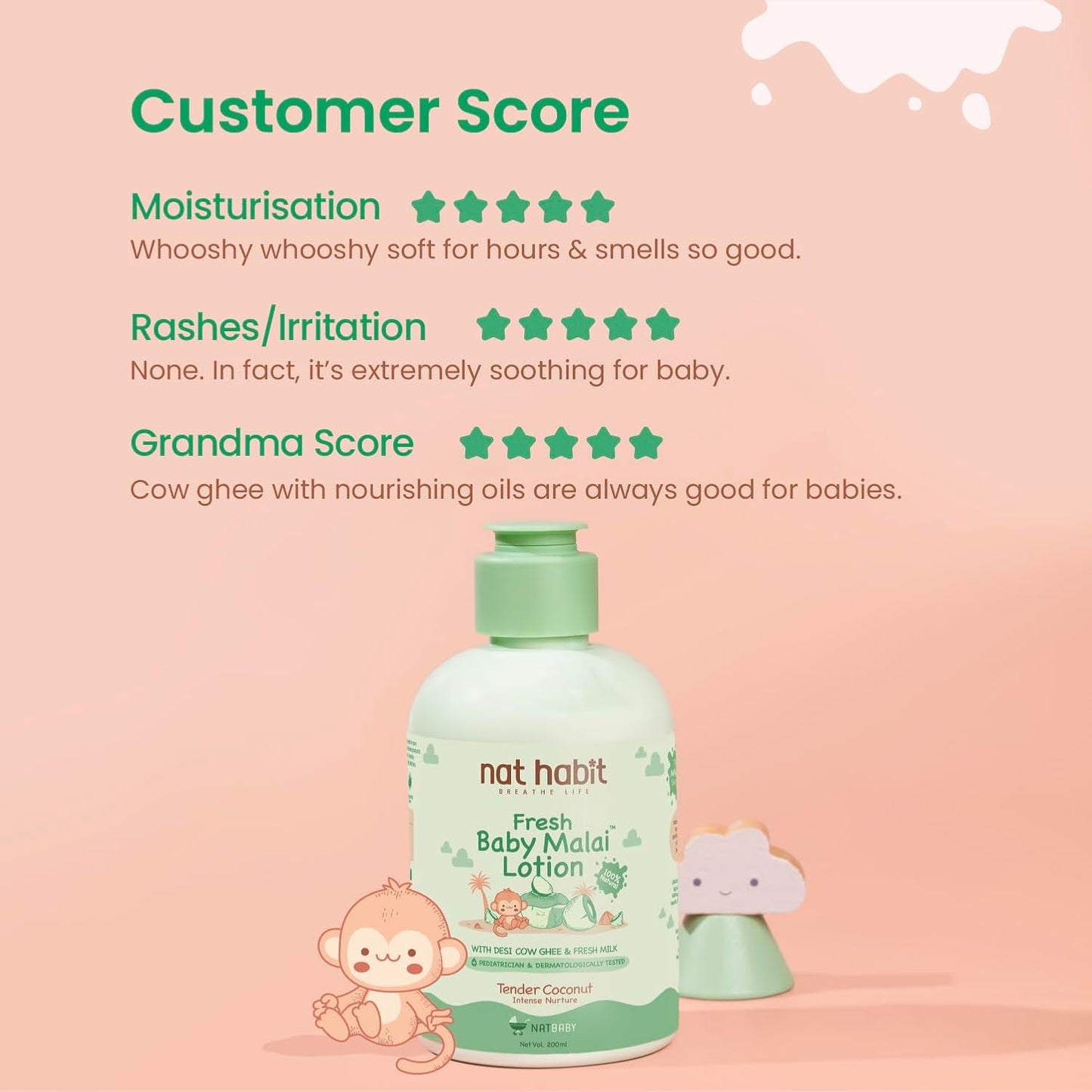 Nat Habit Baby Malai Lotion |Tender Coconut| Baby Body Lotion for Intense Nurture, Moisturizer for Deep Nourishment & Skin Barrier Protection | 100% Natural, Chemical-Free Baby Cream | 200ml