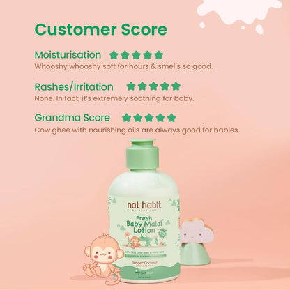 Nat Habit Baby Malai Lotion |Tender Coconut| Baby Body Lotion for Intense Nurture, Moisturizer for Deep Nourishment & Skin Barrier Protection | 100% Natural, Chemical-Free Baby Cream | 200ml