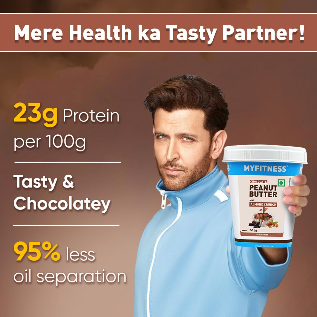 MYFITNESS Peanut Butter Chocolate Spread with Almond Crunch 510g | 25g Protein & 9g Fiber | Tasty & Healthy Nut Butter Spread for Breakfast | Cholesterol Free | Zero Trans Fat | Crunchy Peanut Butter