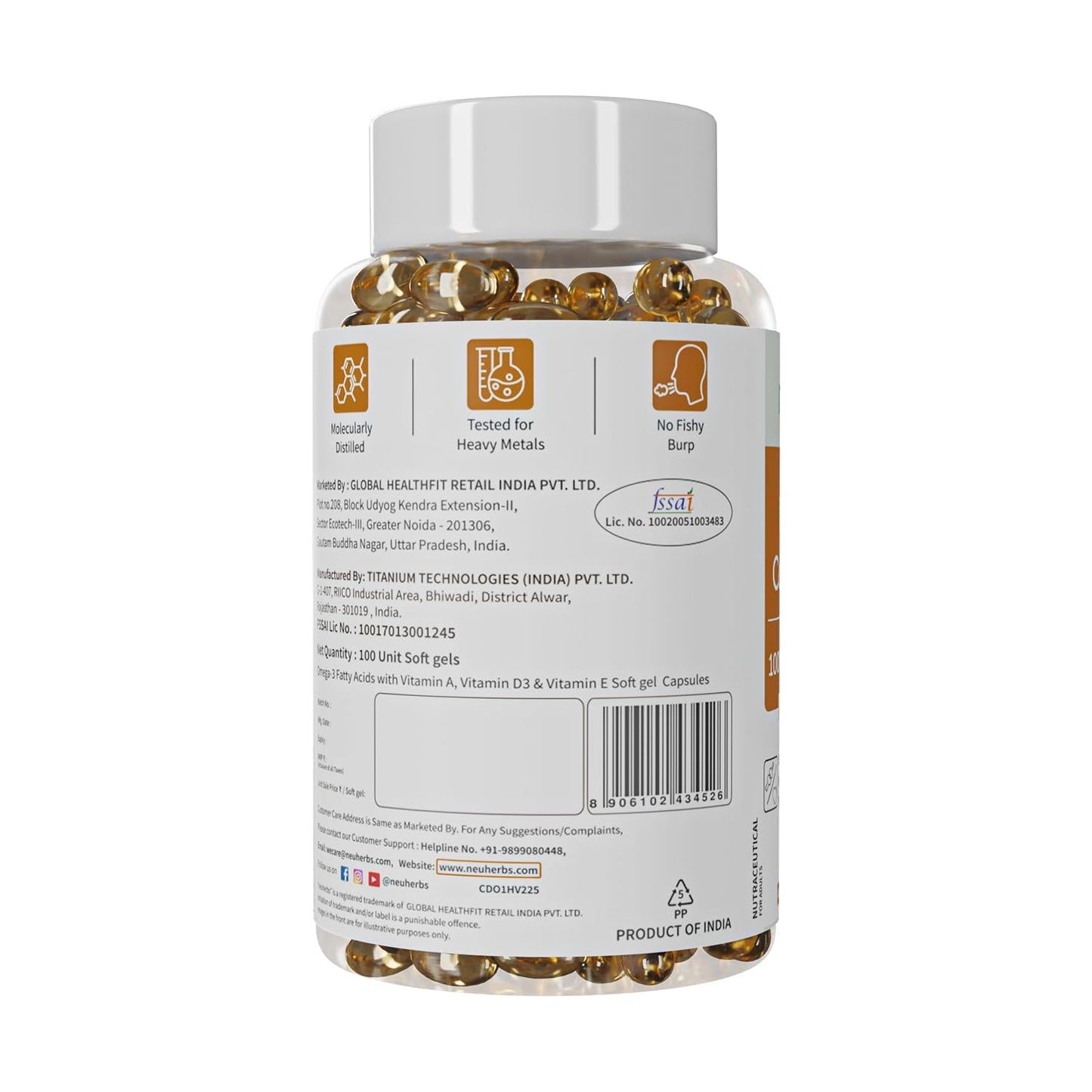 Neuherbs Deep Sea Cod Liver Oil Omega 3 Supplement With Vitamin A, D3 & E | Supports Heart, Brain, Bone & Skin Health | Fish Oil for Men & Women | No Fishy Burps With Lemon Flavour - 100 Softgels