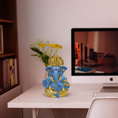 Gold Plated Lord Ganesha Idol for Home Decor Puja, Office & Home Shelves, Diwali Puja, and Gifting |Ganpati Murti Sculpture & Religious 3.5 Inches (8.89 x 5.08 cm) (Mukut Gold Blue)