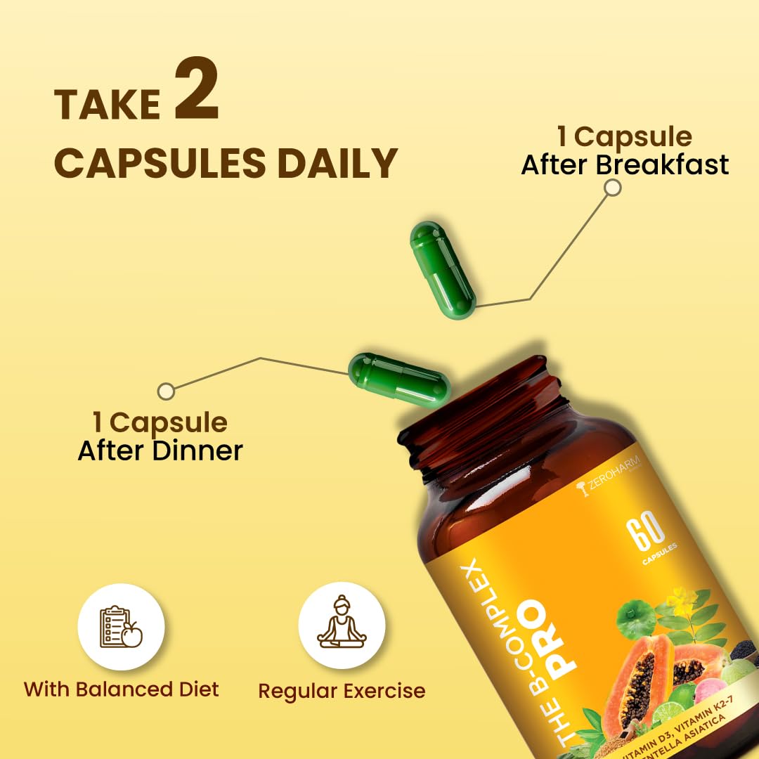 Zeroharm B-Complex Pro with Vitamin D3 & K2-7 | Vitamin B-Complex With B1, B2, B3, B5, B6, B9 & Vit B12 | Plant-Based Supplement | Supports Energy & Immunity For Men and Women | 60 Veg Capsules
