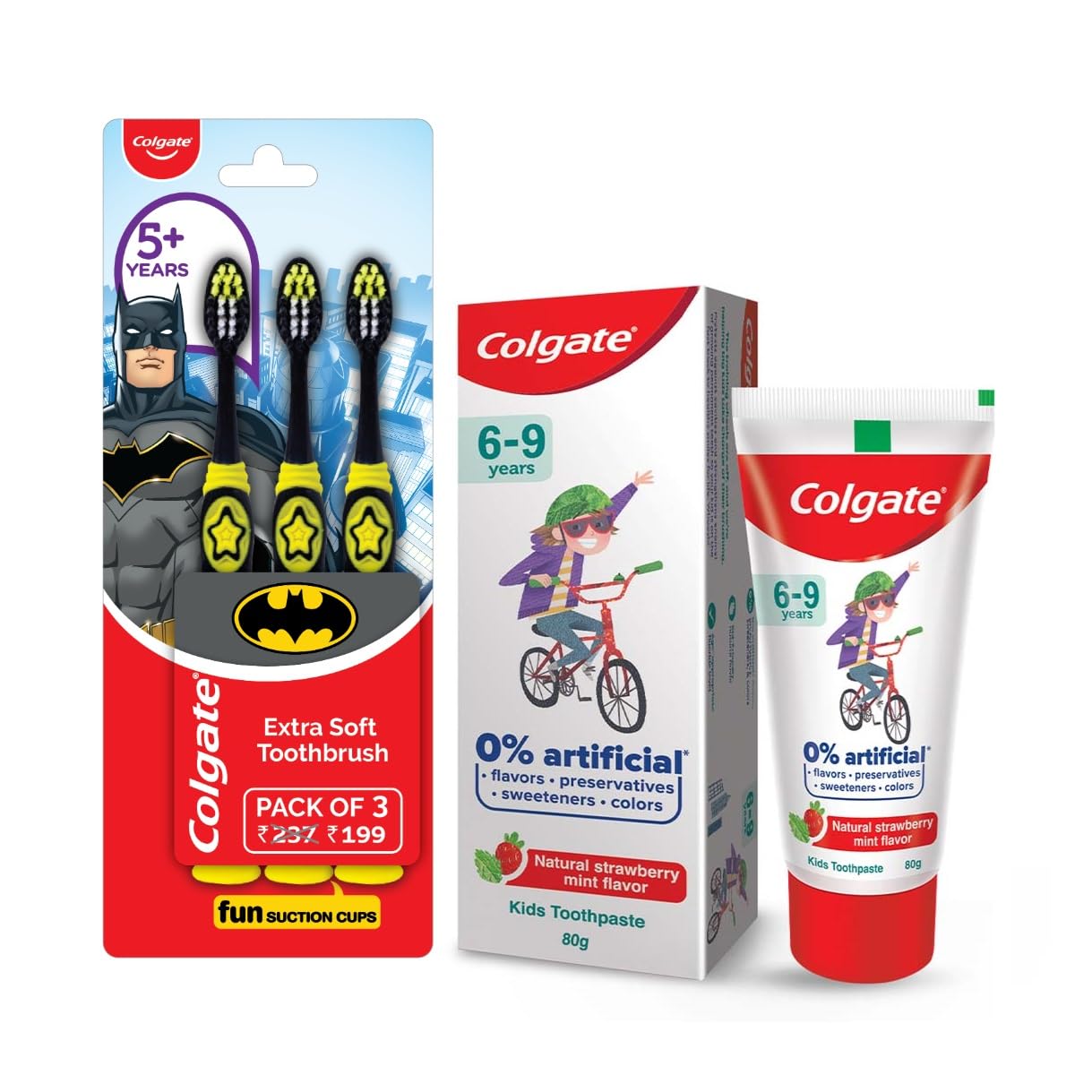 Colgate Toothpaste For Kids (6-9 Years), Natural Strawberry Mint Flavour, 0% Artificial, Oral Care - 80G Tube & Kids Batman Toothbrush, Extra Soft With Tongue Cleaner (Pack Of 3)