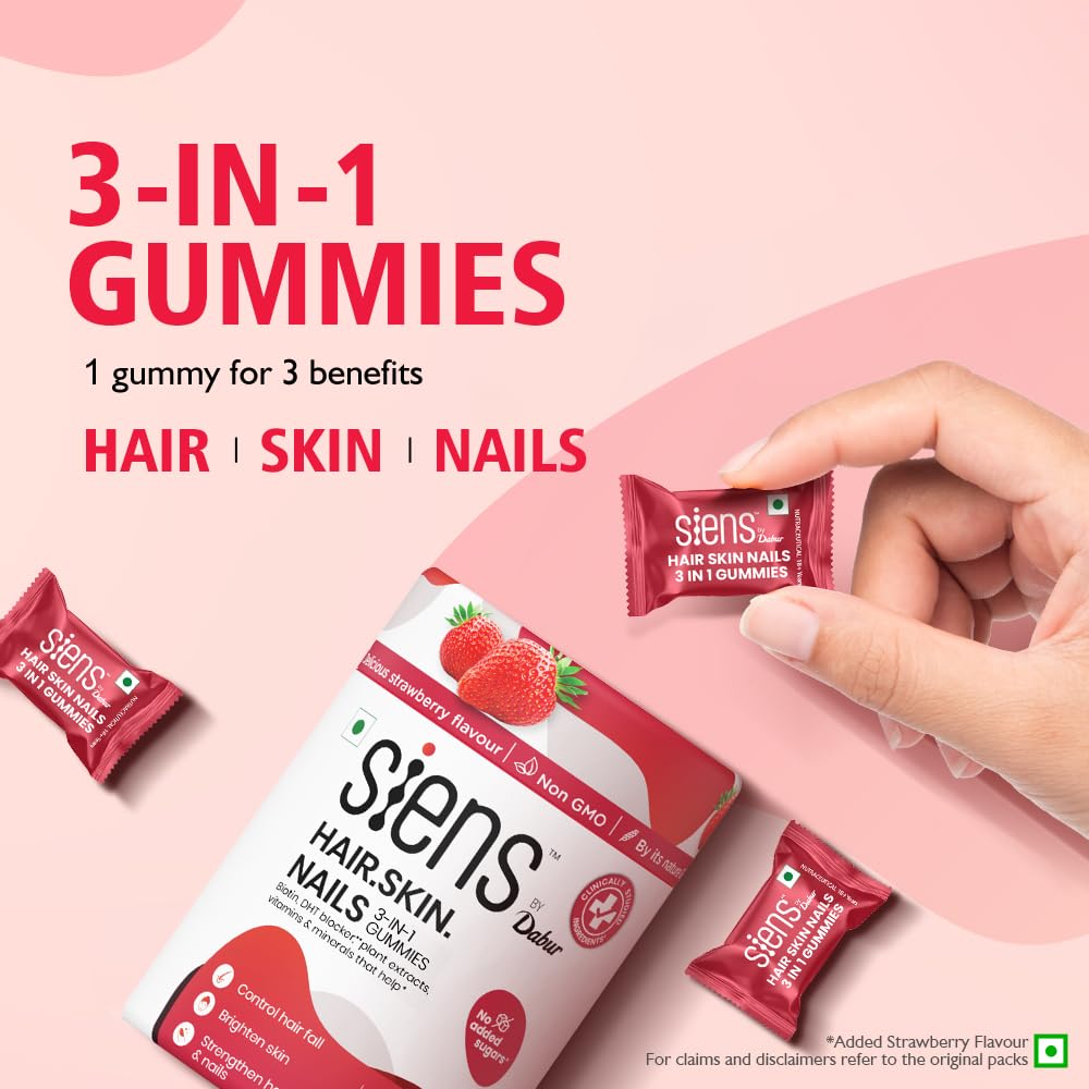 Siens By Dabur Hair, Skin & Nails (3 in 1 Gummies) - 30 pieces | Enriched with Biotin, DHT Blocker, Plant Extracts, Vitamins & Minerals | Brightens Skin, Control Hairfall, Strengthens Hair & Nails