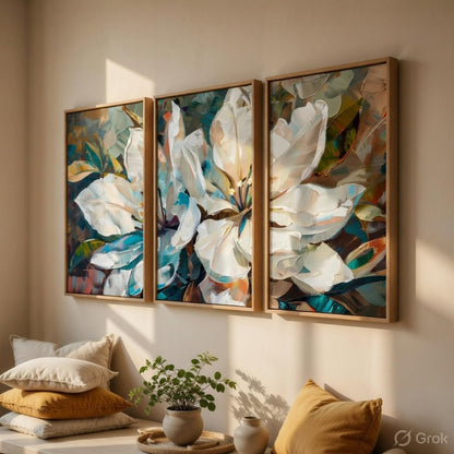 Abstract Floral Wall Painting Set of 3 with Wooden Frames | Modern White Flower Artwork HD Sparkle Laminated MDF Wall Decor | Contemporary Floral Wall Art for Living Room Bedroom