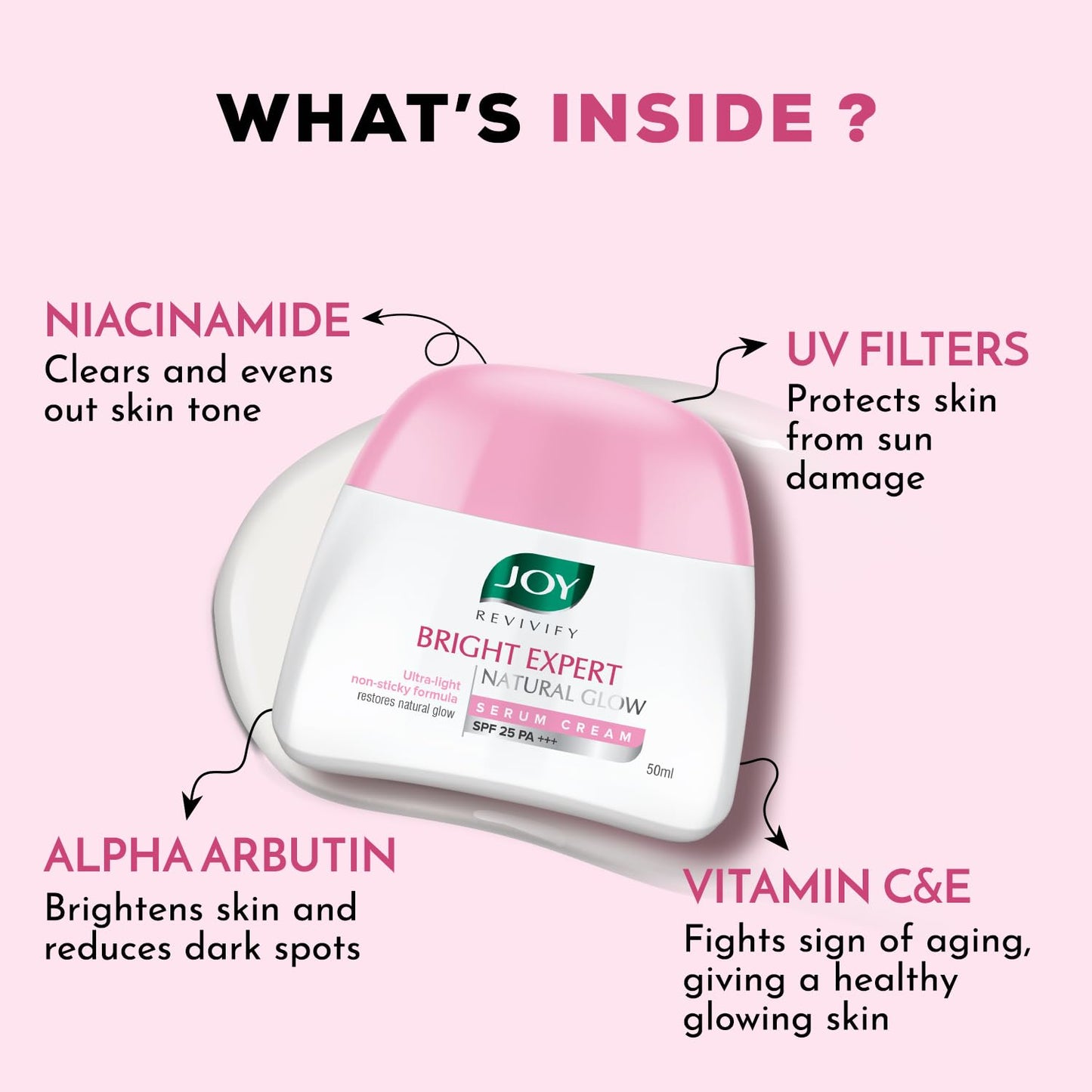 Joy Brightening Face Cream with SPF 25 PA+++ & Niacinamide - Ultra Light & Non Sticky | Summer Face Cream For Natural Glowing Skin & Sun Protection 50ml
