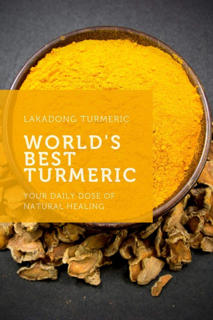 Turmeric powder in a bowl with turmeric roots on a dark background, featuring 'Lakadong Turmeric' branding.