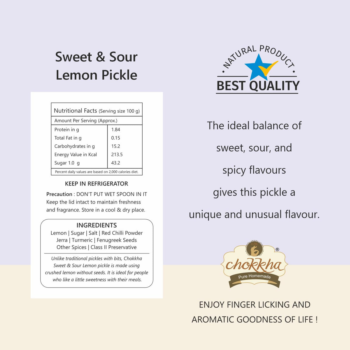 Chokkha Distinctly Different and Delicious Sweet & Sour Lemon Chutney | All in 1 Flavor - Sweet, Sour, Tangy, Spicy | Made with Juiciest Lemons | Traditional Family Recipe | Good for Traveling | No Vinegar, Colors or Additives | 100% Oil-Free | 400 Gm