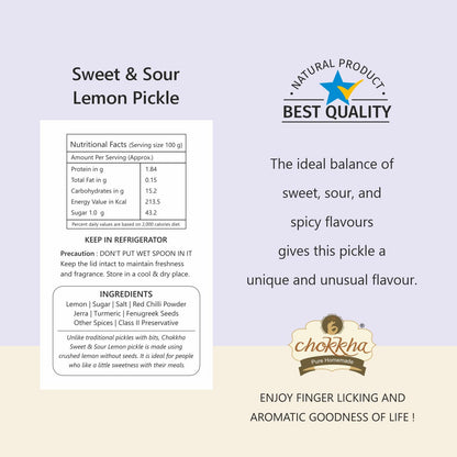 Chokkha Distinctly Different and Delicious Sweet & Sour Lemon Chutney | All in 1 Flavor - Sweet, Sour, Tangy, Spicy | Made with Juiciest Lemons | Traditional Family Recipe | Good for Traveling | No Vinegar, Colors or Additives | 100% Oil-Free | 400 Gm