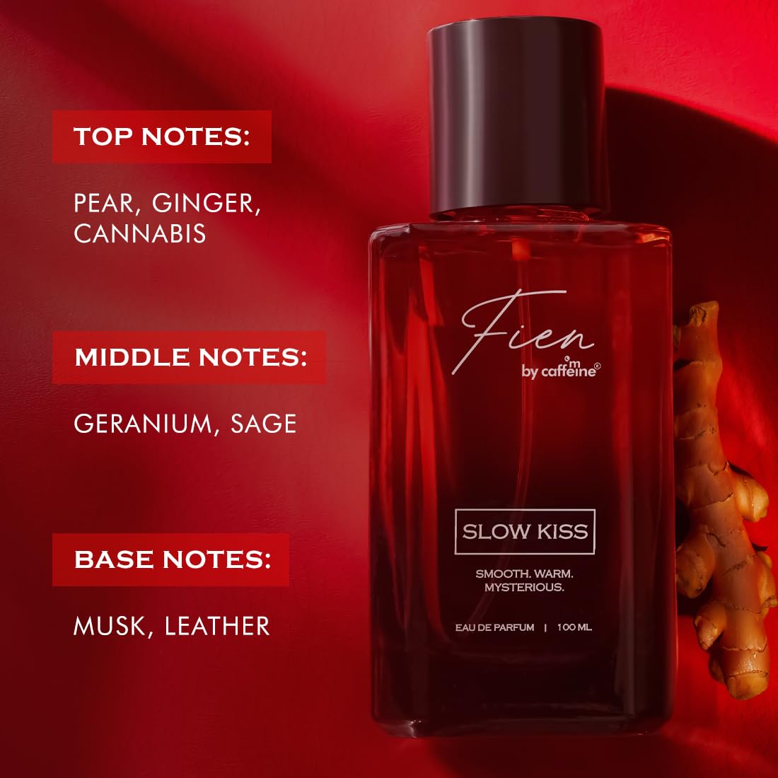 Red perfume bottle with product details on a red background