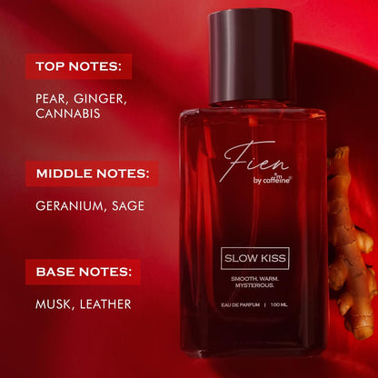 Red perfume bottle with product details on a red background