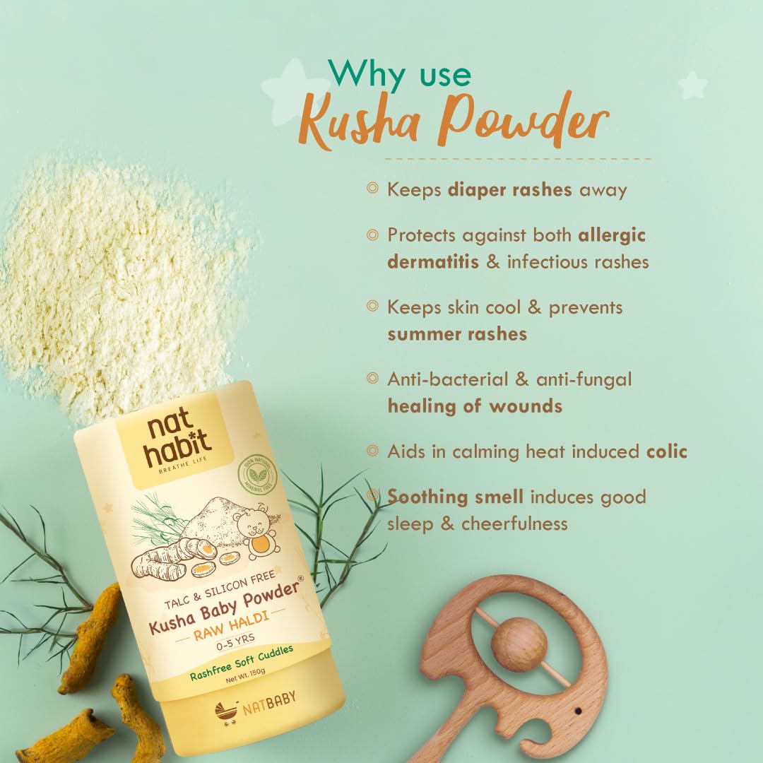 Nat Habit Everyday Talc Free Raw Haldi Kusha Baby Powder, Chemical Free & Rashfree, 0-5 Yrs - (150 g)