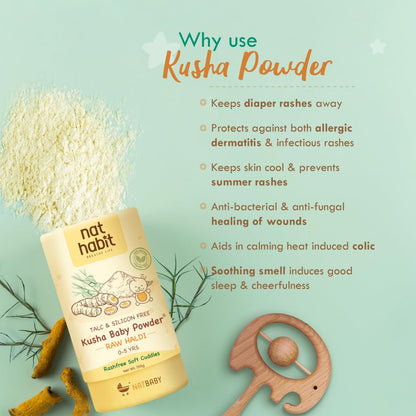 Nat Habit Everyday Talc Free Raw Haldi Kusha Baby Powder, Chemical Free & Rashfree, 0-5 Yrs - (150 g)