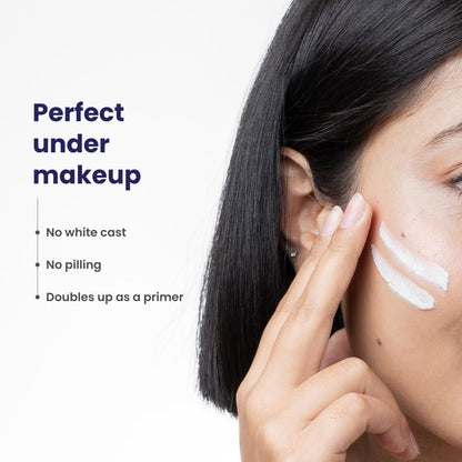 Woman applying a white cream to her face with text highlighting its benefits.