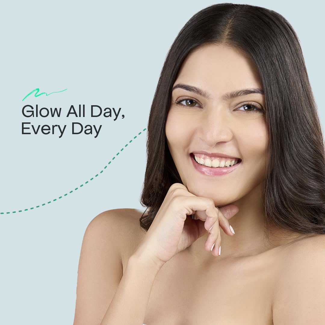 Woman with glowing skin against a light blue background with text 'Glow All Day, Every Day'.