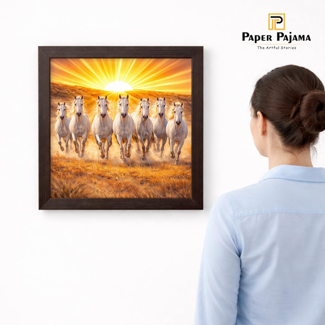 Seven White Horses Rising Sunrise Vastu Success Prosperity Energy Spiritual Running Framed Poster Decor Painting