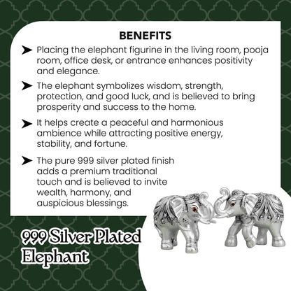 999 Pure Silver Plated Elephant Pair Showpiece with Gift Box | Silver Idol Set Home Decor Office Desk | Good Luck Feng Shui Vastu Animal Pair Religious Housewarming Griha Pravesh Gift