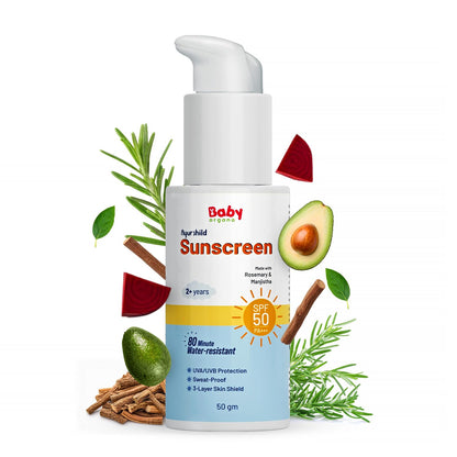 BabyOrgano Ayurvedic Sunscreen for Kids 2+ Yrs | SPF 50 PA+++ | Water Resistant 80 Mins | Manjistha, Rosemary, Beetroot & Avocado Oil | Non-Greasy & Paraben-Free | All Skin Types | 50g