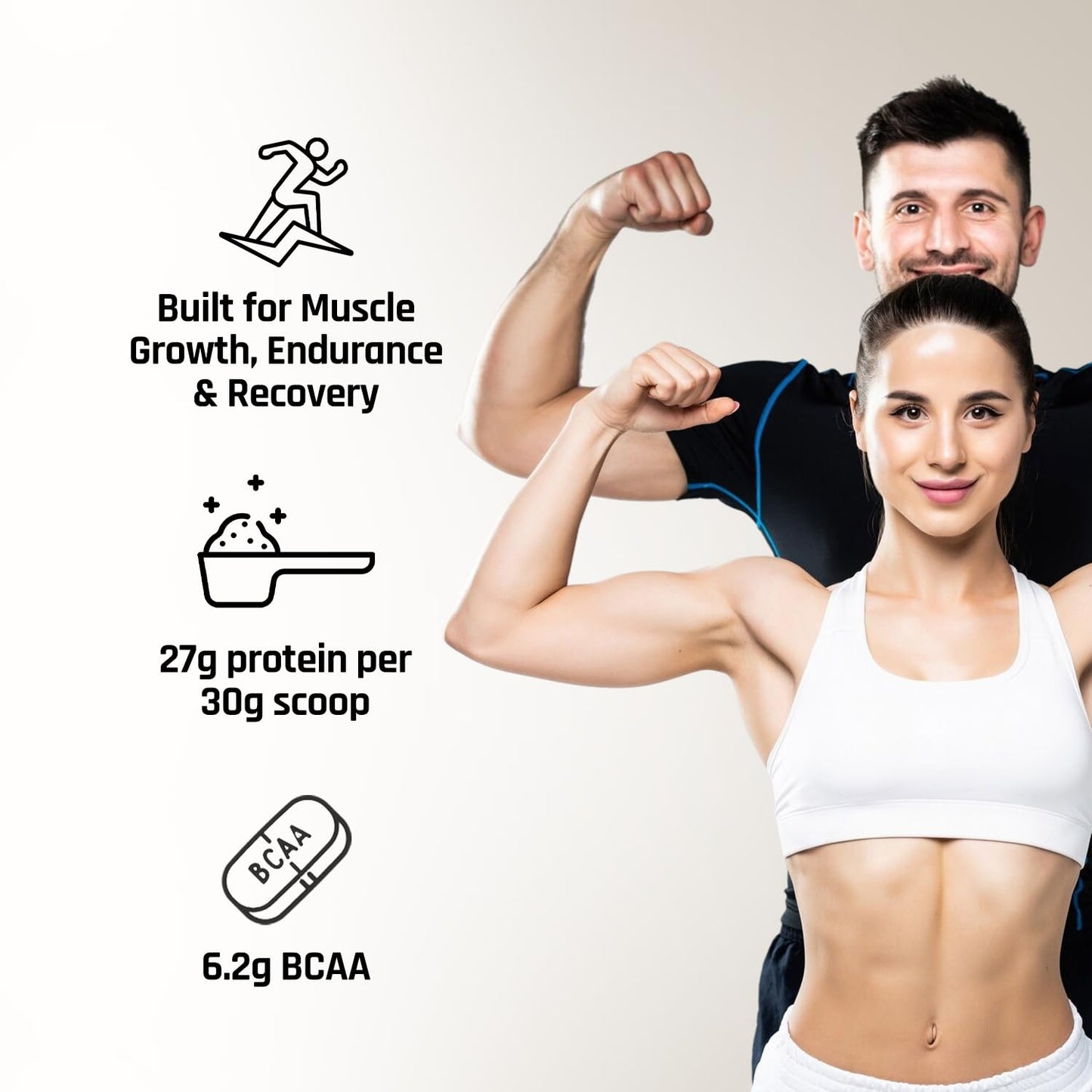 Two people flexing muscles with fitness product information on a white background